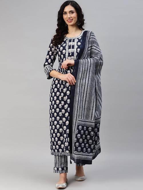 navy printed kurta salwar set - 19408295 - Very Small Image - 1