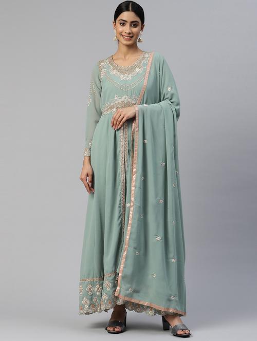 green embroidered semi-stitched suit - 19409400 - Very Small Image - 1