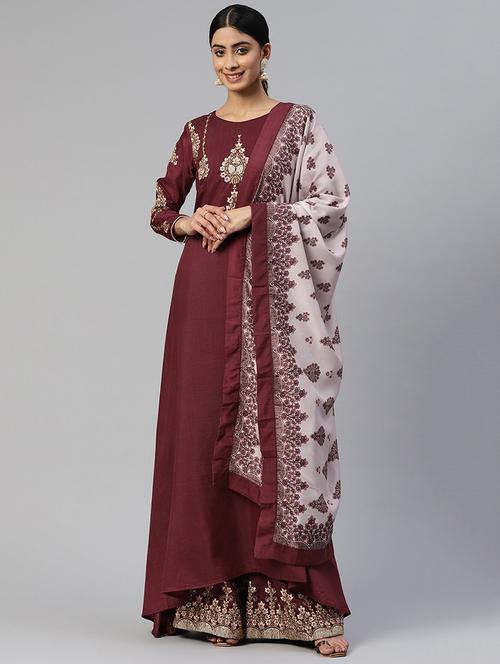maroon embroidered semi-stitched suit - 19409404 - Very Small Image - 1