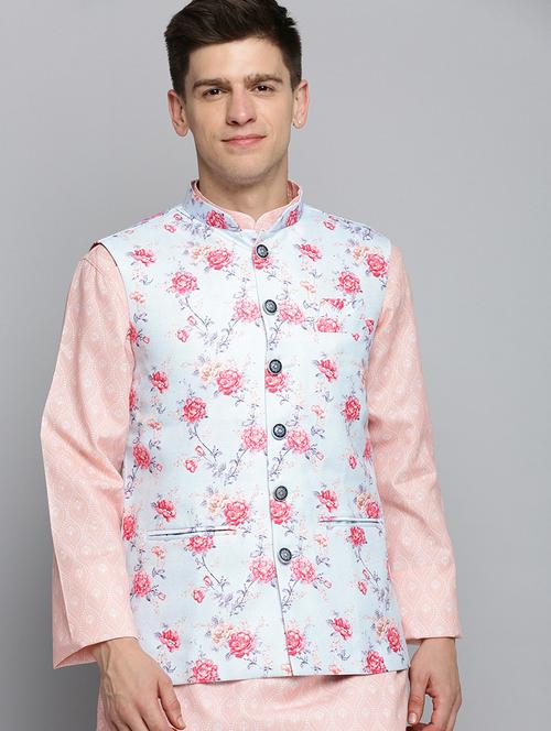 Men Floral Printed Sleeveless Nehru Jacket - 19409454 - Very Small Image - 1