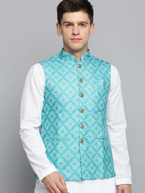 Mandarin Collar Printed Nehru Jacket - 19409460 - Very Small Image - 1