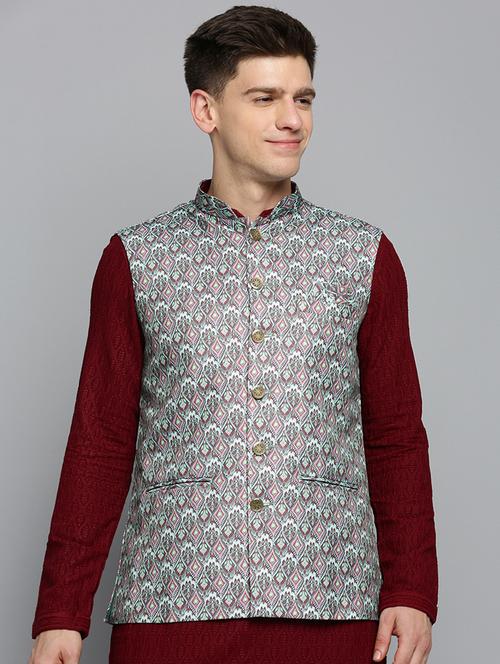 Mandarin Collar Printed Nehru Jacket - 19409467 - Very Small Image - 1