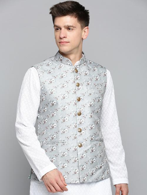 Mandarin Collar Printed Nehru Jacket - 19409478 - Very Small Image - 1