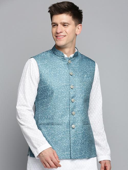 Mandarin Collar Printed Nehru Jacket - 19409480 - Very Small Image - 1