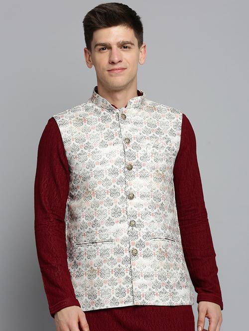 Mandarin Collar Printed Nehru Jacket - 19409482 - Very Small Image - 1