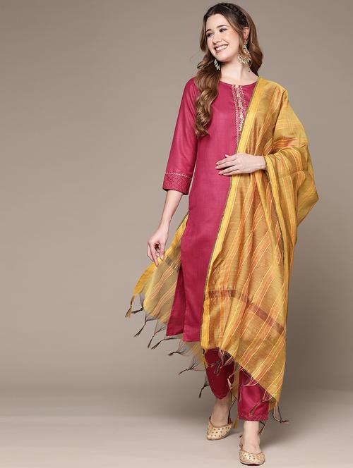 women solid kurta with trouser and dupatta set - 19412506 - Very Small Image - 1