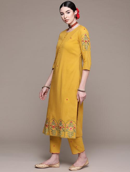 yellow self design kurta and pant set - 19412572 - Very Small Image - 1