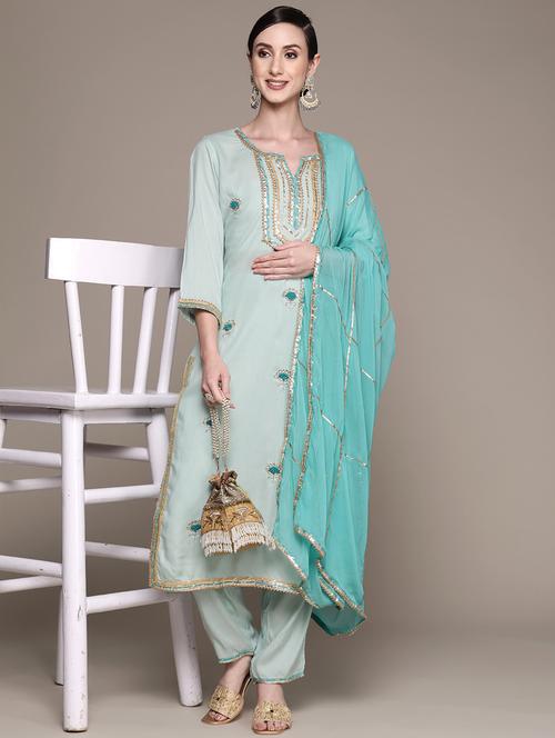 neck embroidered kurta pant set with dupatta - 19414290 - Very Small Image - 1