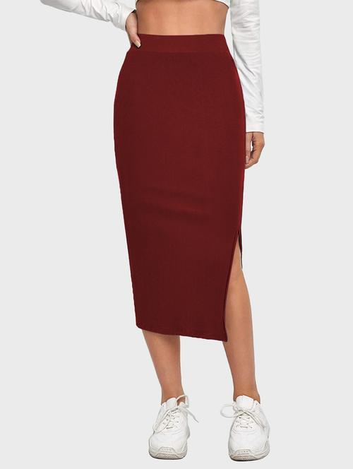 maroon solid side slit skirt - 19414526 - Very Small Image - 1