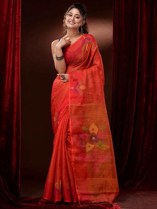 women's self design orange colored saree with blouse - 19417725 - Very Small Image - 1