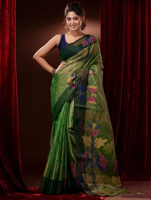 green tissue handloom saree - 19417731 - Very Small Image - 1