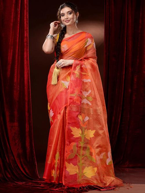 orange tissue handloom saree with blouse - 19417733 - Very Small Image - 1