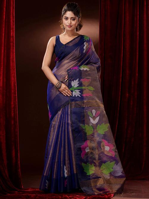 blue tissue handloom saree with blouse - 19417734 - Very Small Image - 1
