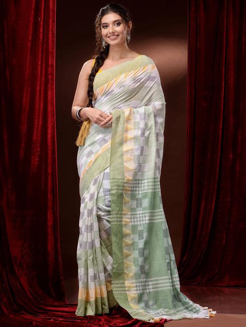 white cotton handloom saree with blouse - 19417739 - Very Small Image - 1