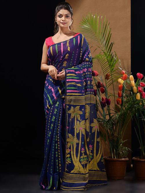 women's printed navy blue colored saree with blouse - 19417786 - Very Small Image - 1