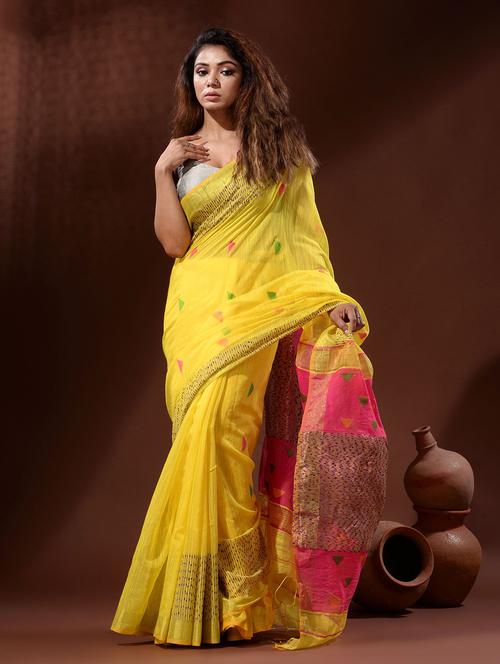 women's self design yellow colored saree with blouse - 19418030 - Very Small Image - 1