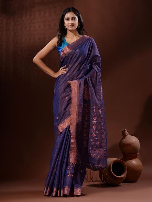blue tissue handloom saree with blouse - 19418063 - Very Small Image - 1