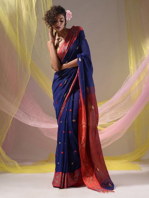 women's solid with work navy blue colored saree with blouse - 19418127 - Very Small Image - 1