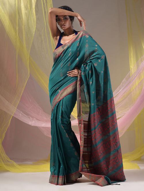 women's self design green colored saree with blouse - 19418177 - Very Small Image - 1