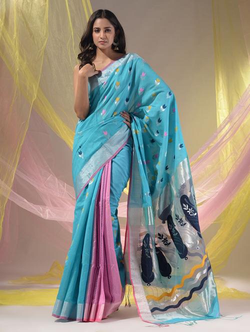 women's self design light blue colored saree with blouse - 19418191 - Very Small Image - 1