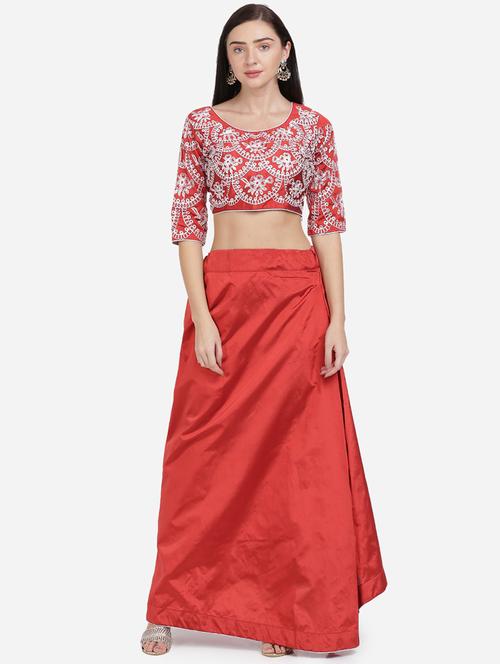red embroidered semi-stitched  lehenga - 19421973 - Very Small Image - 1