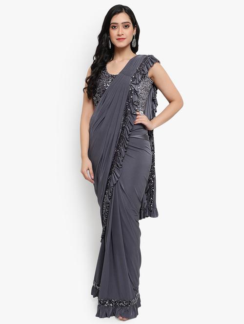 women's solid with work charcoal colored saree with blouse - 19423376 - Very Small Image - 1
