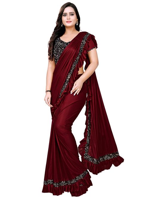 women's solid with work maroon colored saree with blouse - 19423378 - Very Small Image - 1