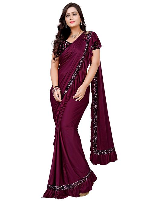 women's solid with work purple colored saree with blouse - 19423379 - Very Small Image - 1