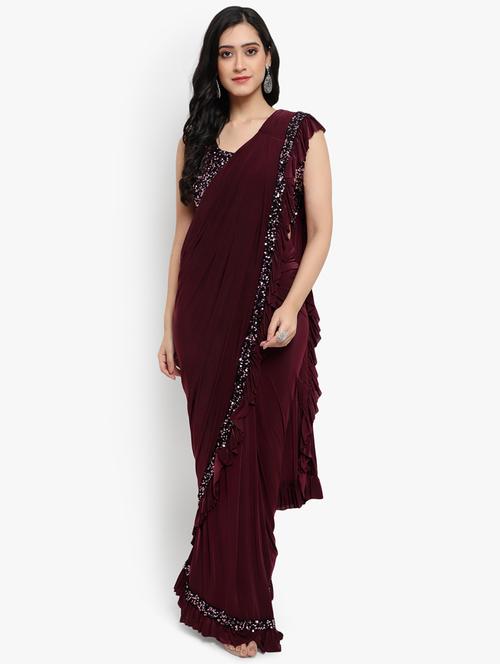 maroon solid saree with blouse - 19423386 - Very Small Image - 1