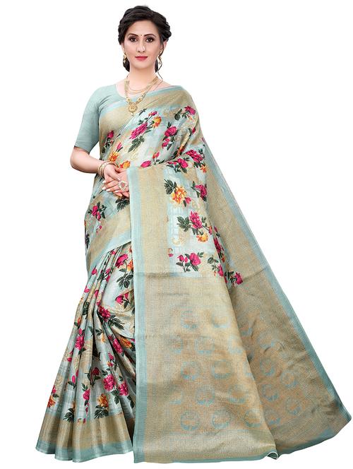 light blue floral printed saree with blouse - 19423848 - Very Small Image - 1