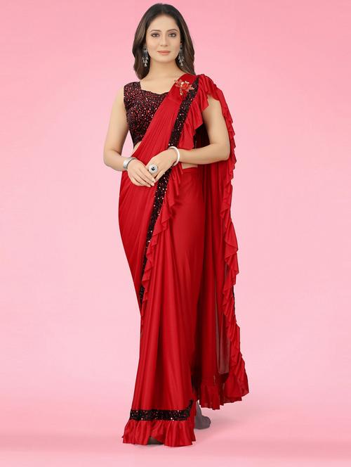 women's solid with work red colored saree with blouse - 19424099 - Very Small Image - 1
