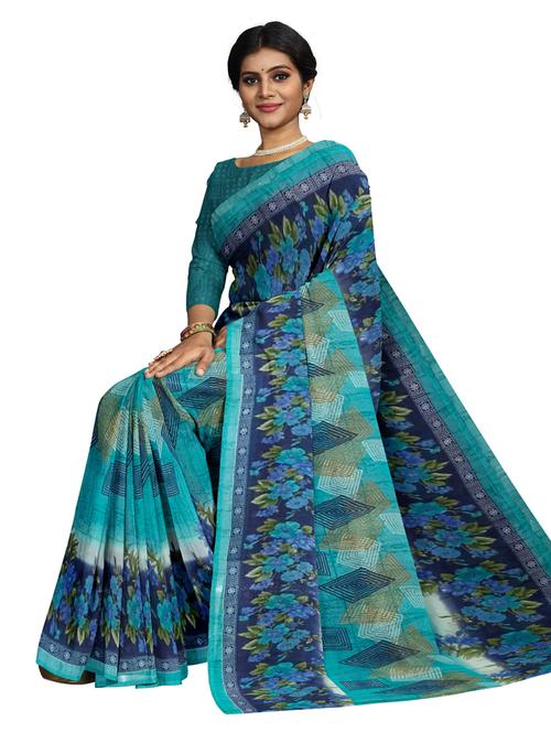 women's floral navy blue colored saree with blouse - 19427175 - Very Small Image - 1