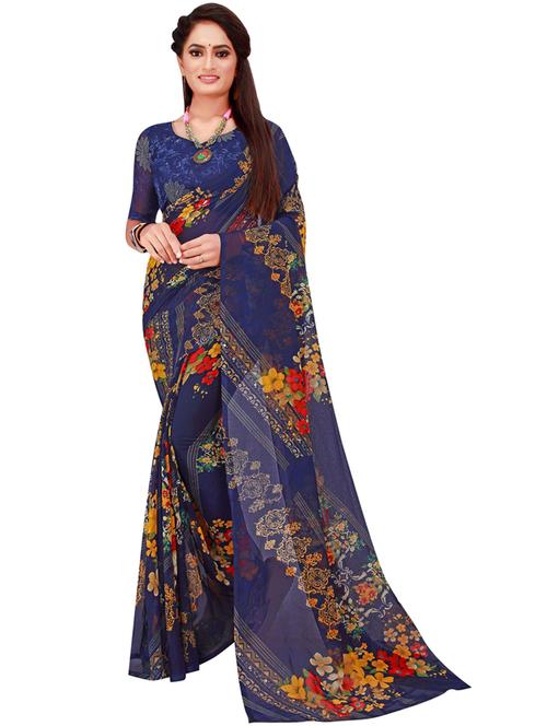 women's printed dark blue colored saree with blouse - 19427248 - Very Small Image - 1