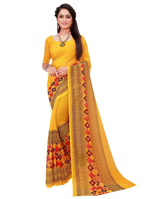 women's printed yellow colored saree with blouse - 19427304 - Very Small Image - 1