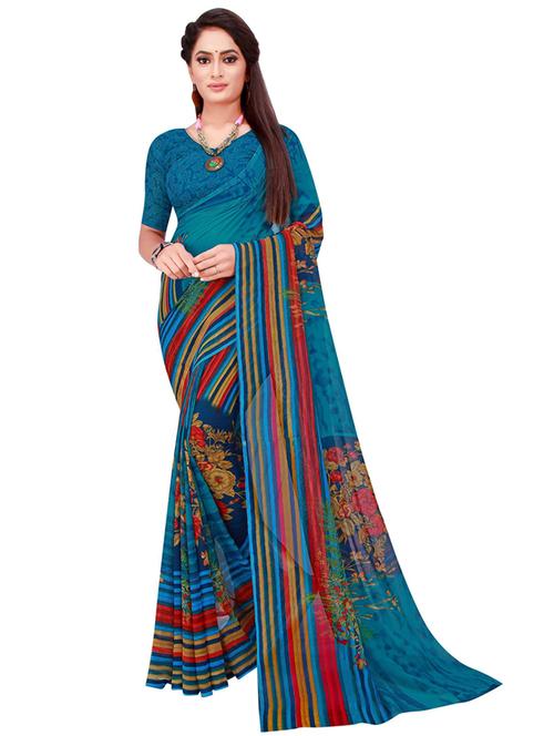 women's floral teal colored saree with blouse - 19427338 - Very Small Image - 1
