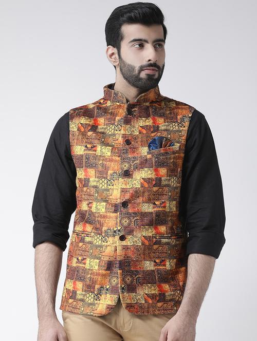 printed cotton blend nehru jacket - 19432116 - Very Small Image - 1