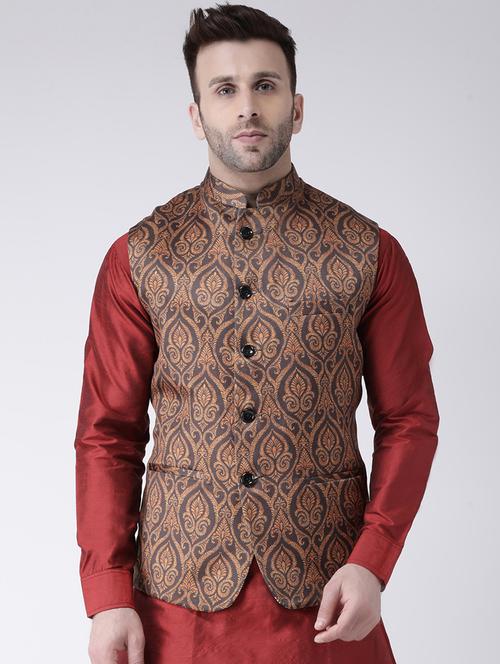 Brown Printed Nehru Jacket - 19432125 - Very Small Image - 1