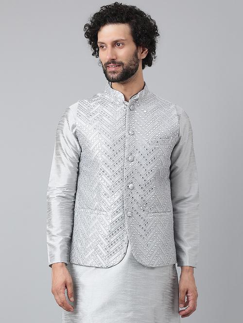 grey embroidered nehru jacket - 19432177 - Very Small Image - 1