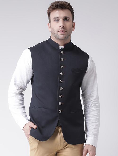 navy blue solid nehru jacket - 19432362 - Very Small Image - 1