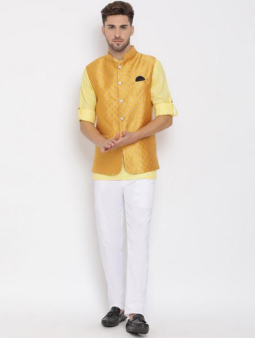 yellow kurta with trousers & self design jacket ethnic set - 19432771 - Very Small Image - 1