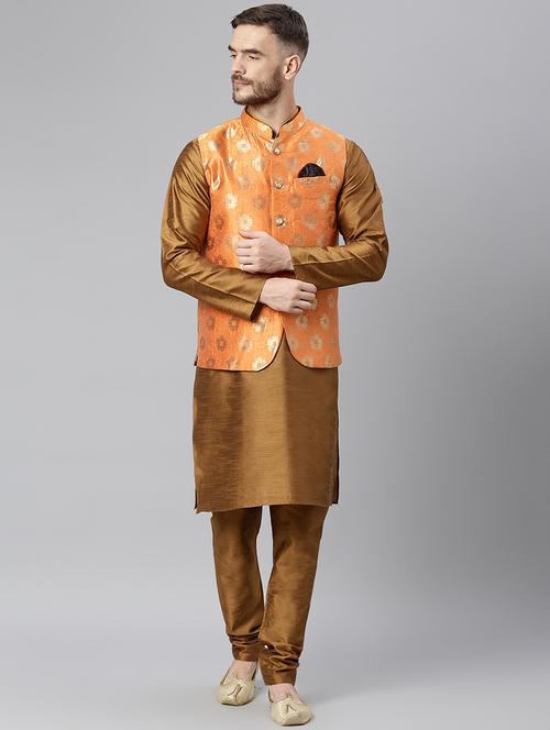 brown self design kurta pyjama with nehru jacket ethnic set - 19432934 - Very Small Image - 1