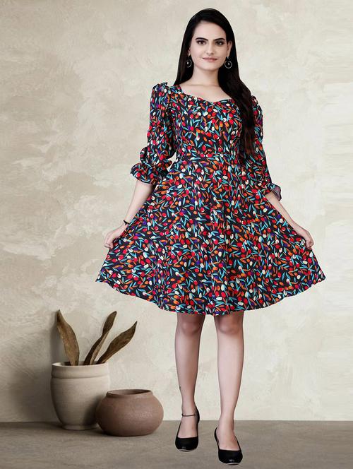 multi color printed sweetheart neck a-line dress - 19439653 - Very Small Image - 1