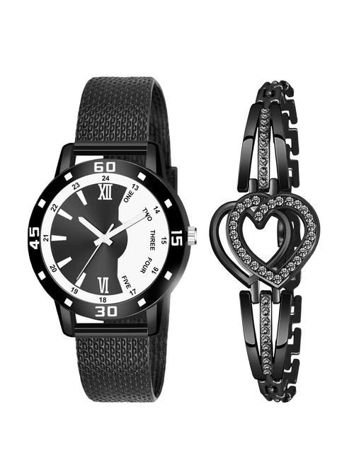 black leatherette watch & bracelet combo - 19440307 - Very Small Image - 1