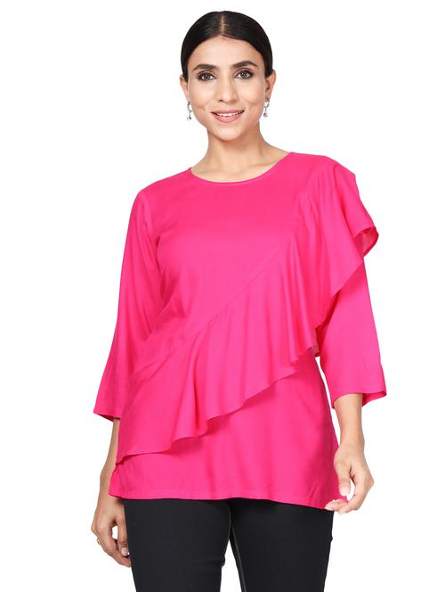 round neck ruffled solid regular tunic  - 19452108 - Very Small Image - 1