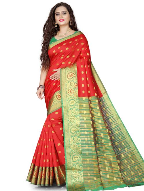 red contrast bordered banarasi saree with blouse - 19452328 - Very Small Image - 1