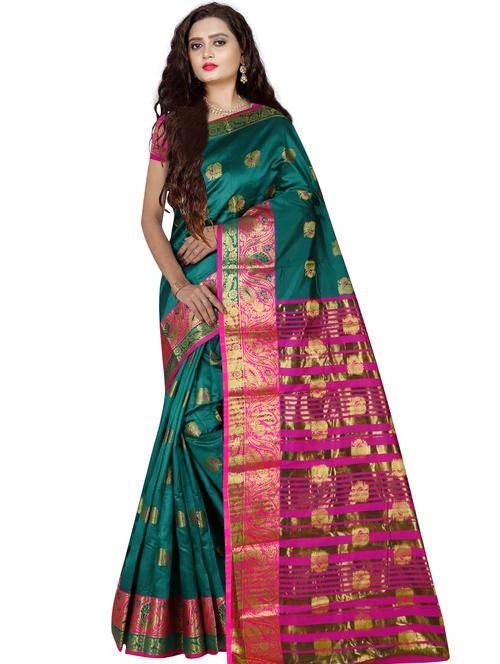 teal contrast bordered banarasi saree - 19452365 - Very Small Image - 1