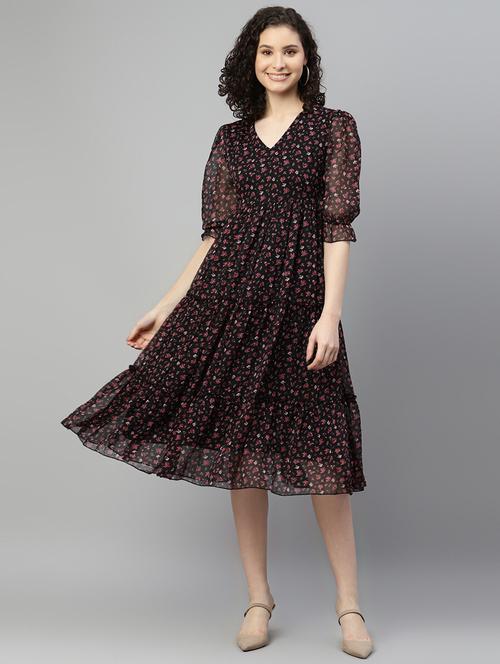 black printed fit & flare dress - 19453916 - Very Small Image - 1