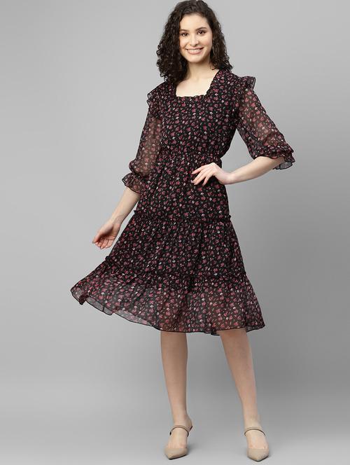 black printed fit & flare dress - 19453925 - Very Small Image - 1