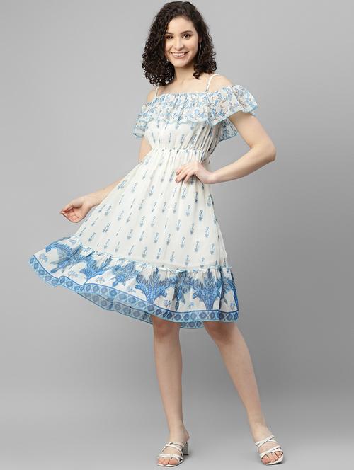 white printed fit & flare dress - 19453931 - Very Small Image - 1