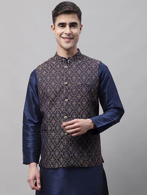 blue self design nehru jacket - 19454012 - Very Small Image - 1